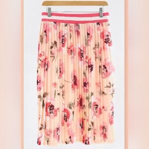 Pink Floral Printed Pleated Midi Skirt Size M Wedding Holiday